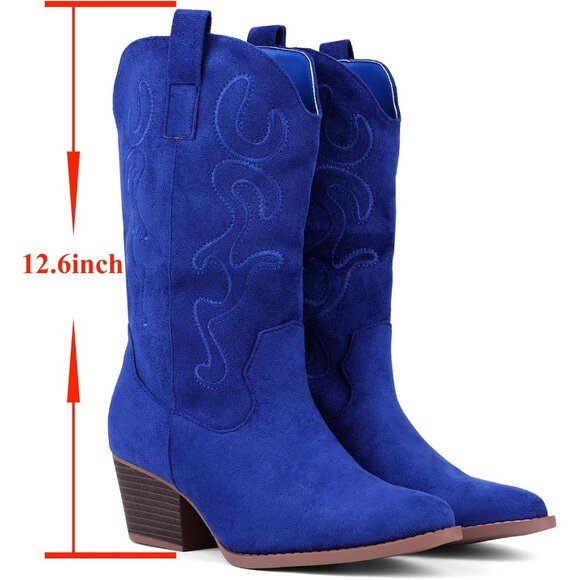 Women Navy-blue Suede Mid Calf Chunky Block Heel Western Embroidered Boot - Picture 2 of 7